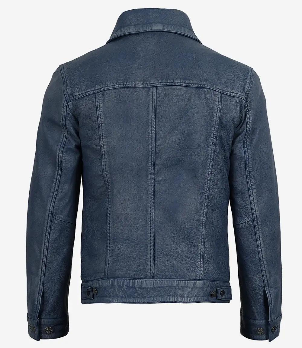 Men's Washed Blue Trucker Leather Jacket - Denim Style - Image 2