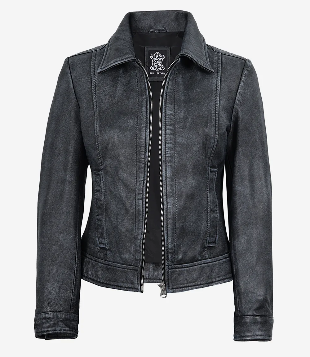 Women’s Black Washed Harrington Leather Jacket - Image 2
