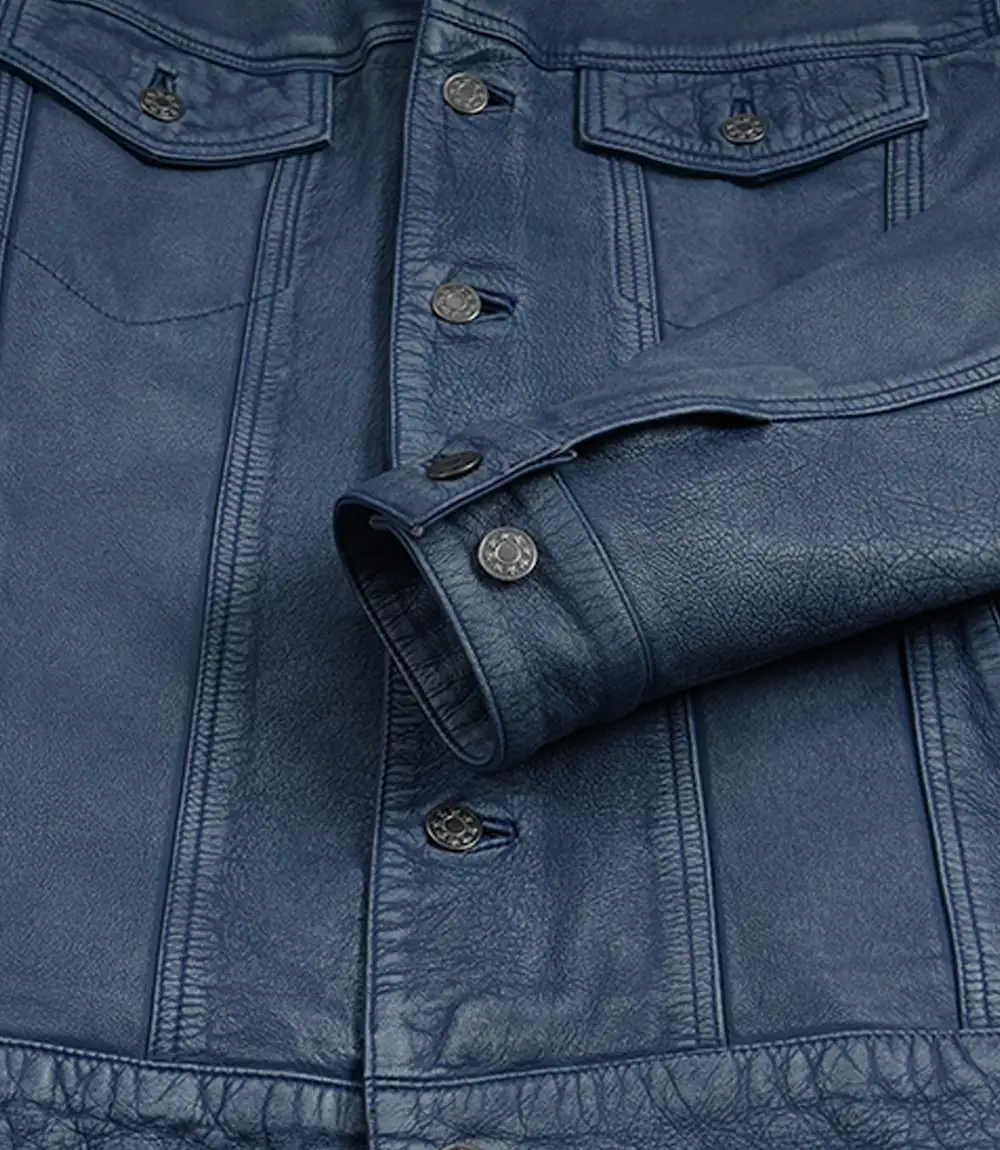 Men's Washed Blue Trucker Leather Jacket - Denim Style - Image 5