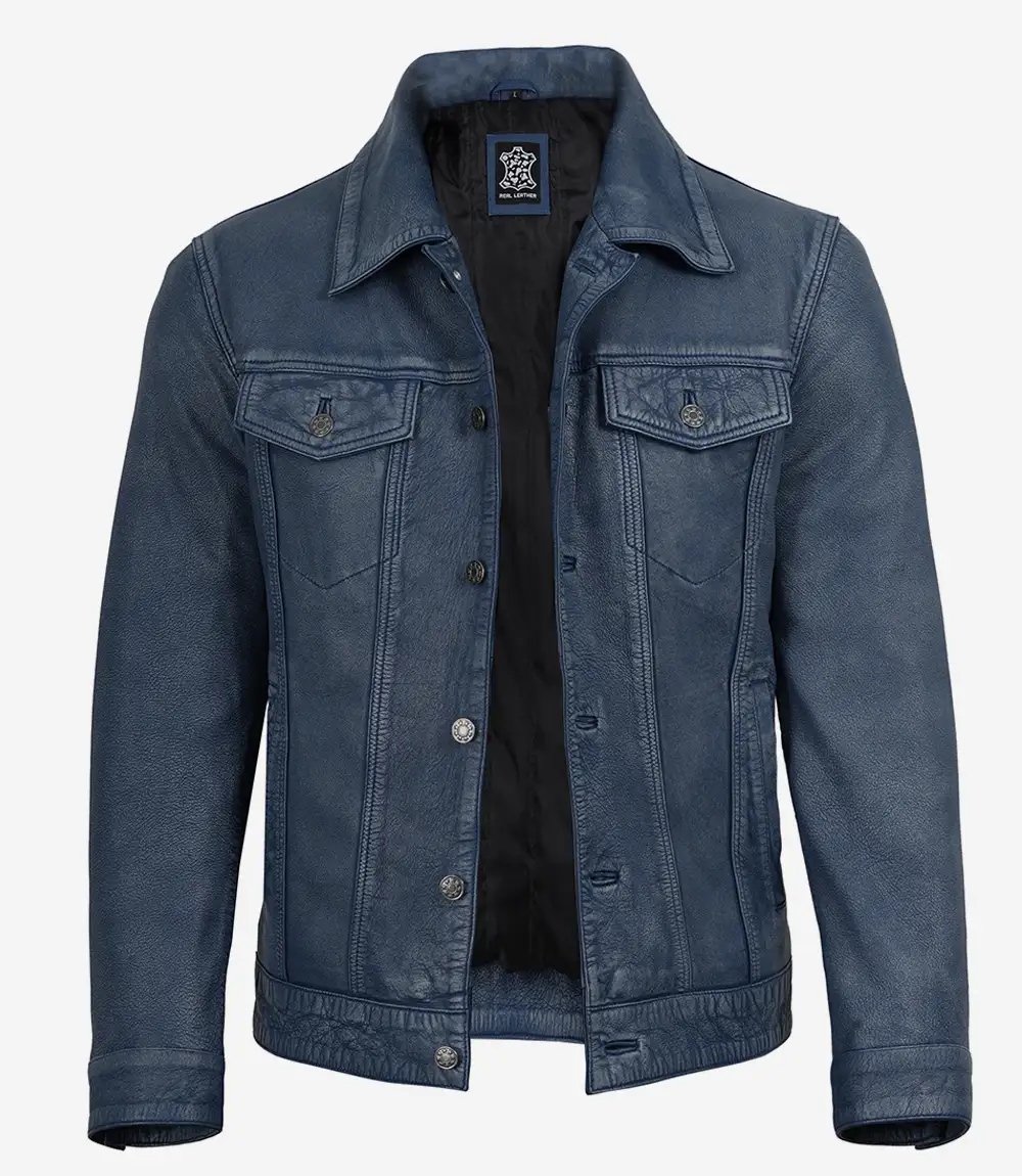 Men's Washed Blue Trucker Leather Jacket - Denim Style - Image 3