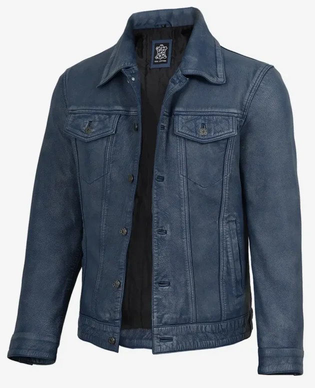 Men's Washed Blue Trucker Leather Jacket - Denim Style