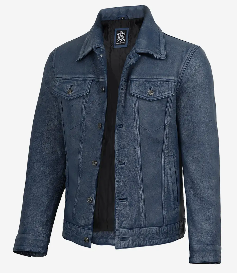 Men's Washed Blue Trucker Leather Jacket - Denim Style