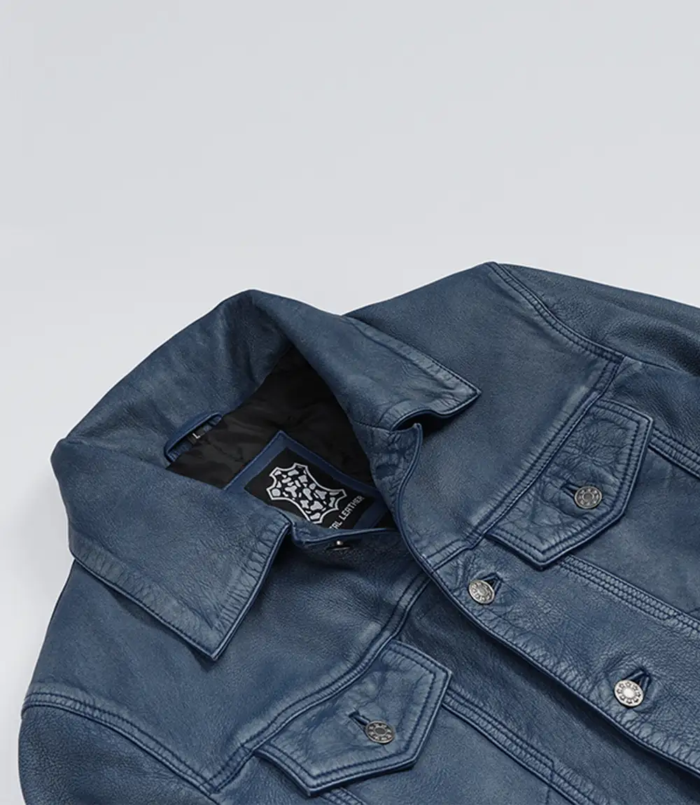 Men's Washed Blue Trucker Leather Jacket - Denim Style - Image 4