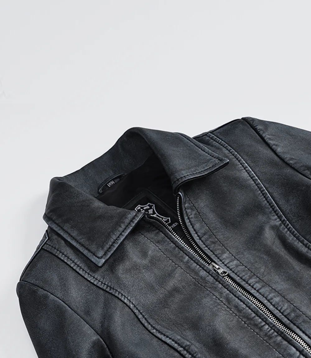 Women’s Black Washed Harrington Leather Jacket - Image 3