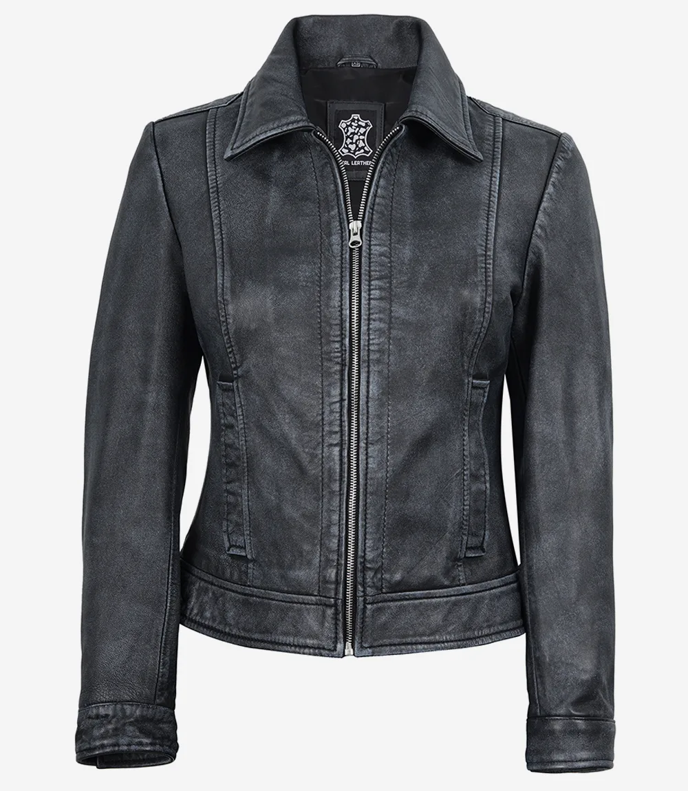 Women’s Black Washed Harrington Leather Jacket - Image 4