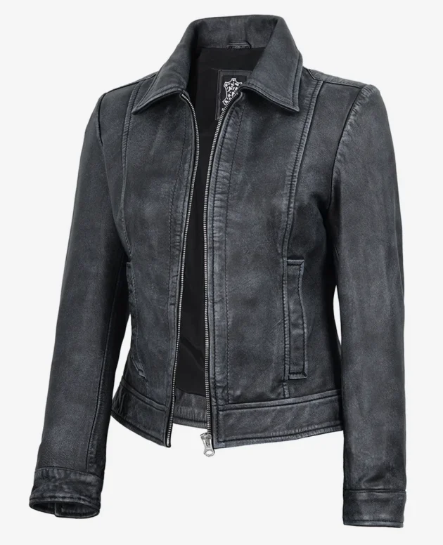 Women’s Black Washed Harrington Leather Jacket