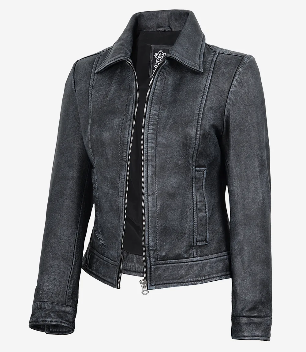Women’s Black Washed Harrington Leather Jacket