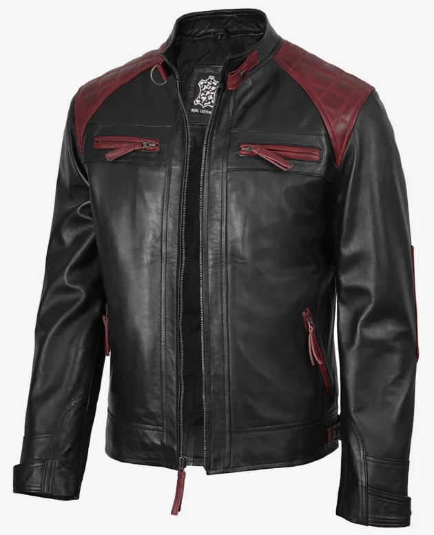 Men's Black and Maroon Biker Style Leather Jacket - Quilted Shoulder