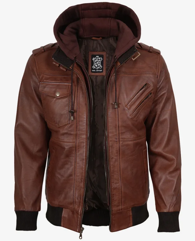 Mens Real Leather Cognac Bomber Jacket With Removable Hood