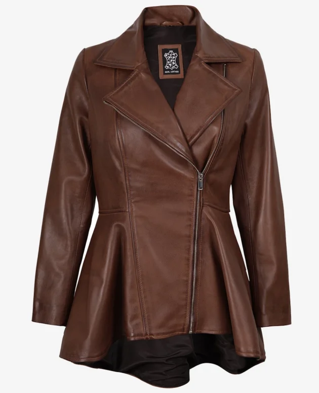 Womens Real Leather Cognac Peplum Jacket