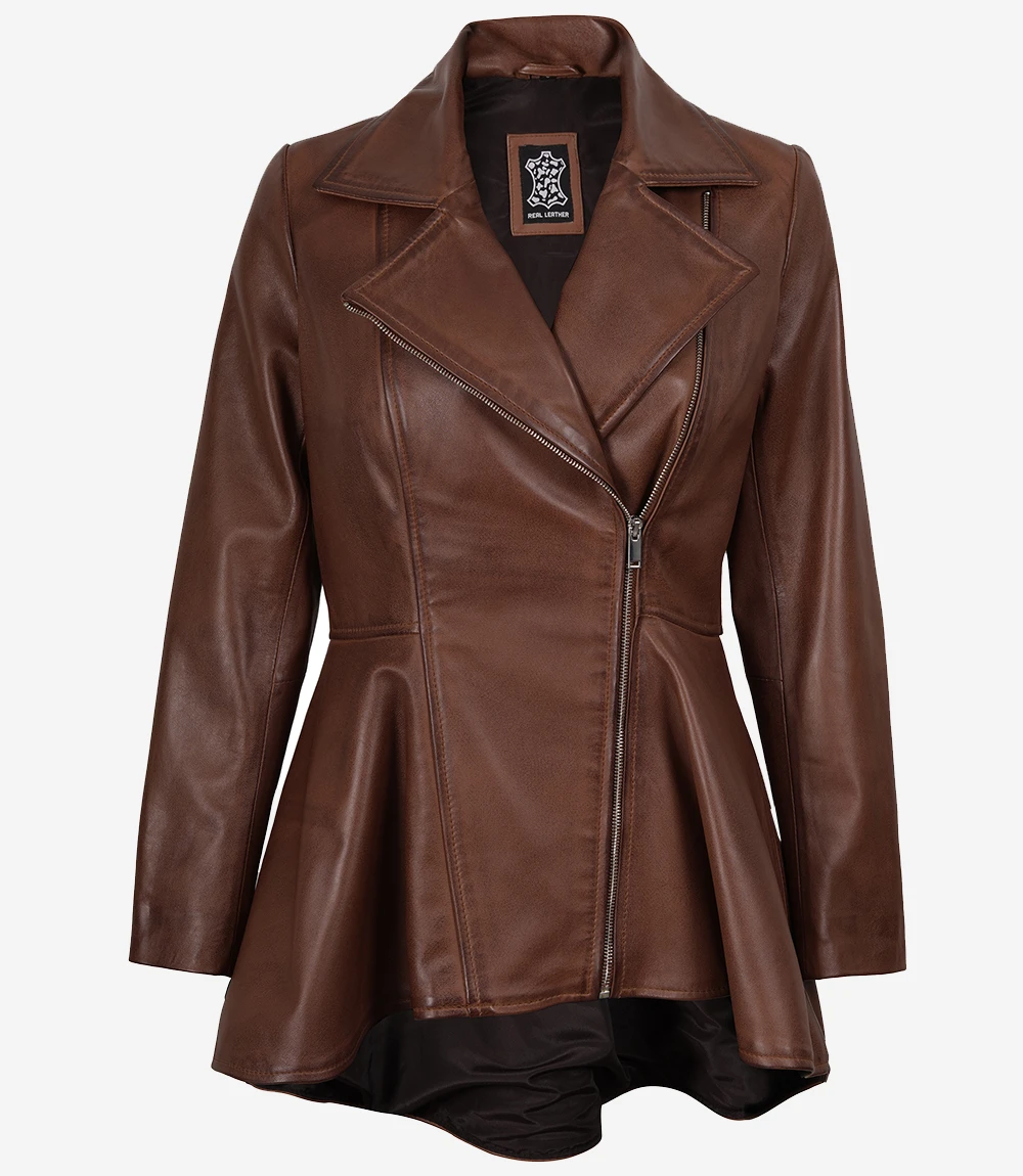 Womens Real Leather Cognac Peplum Jacket