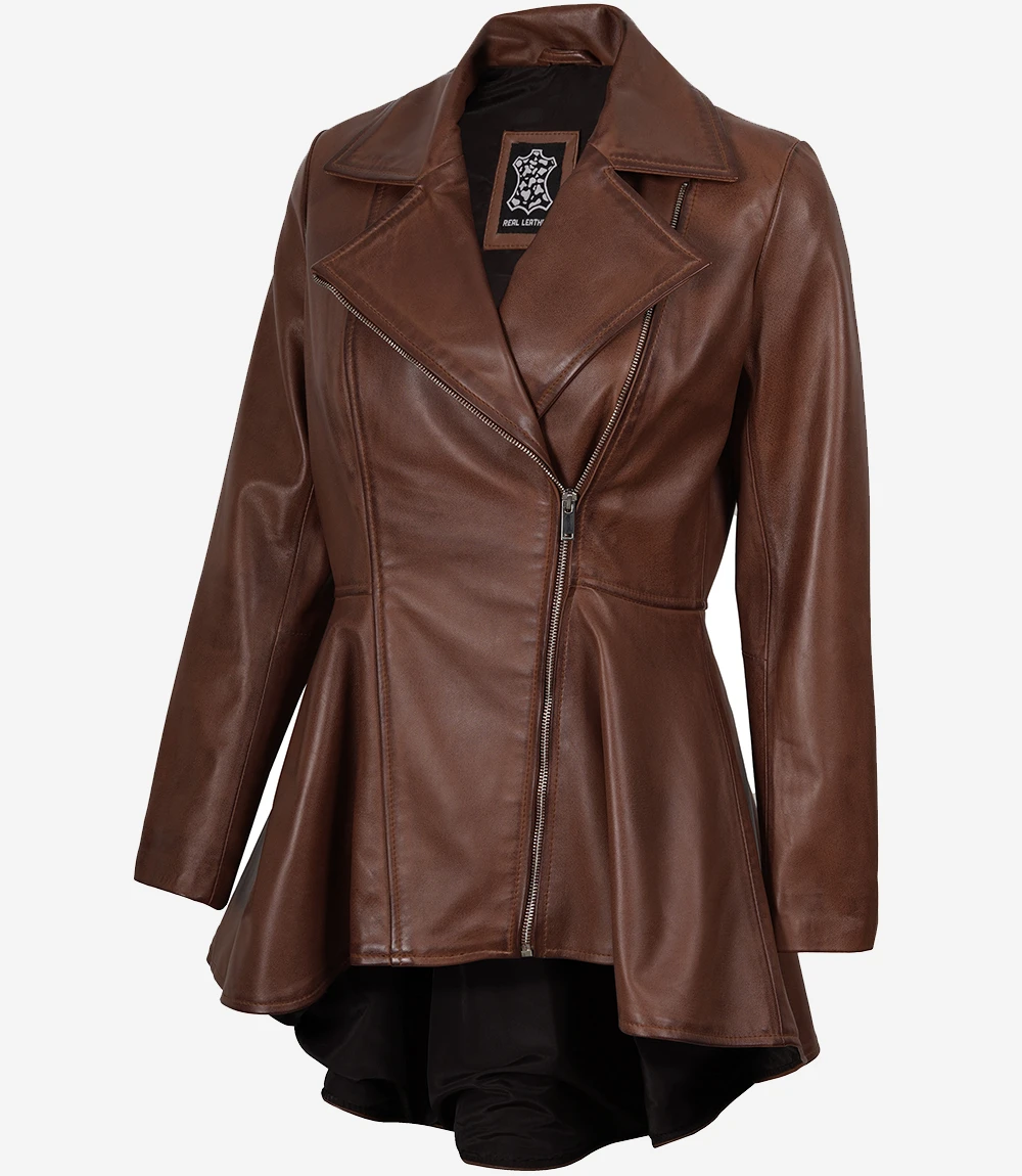 Womens Real Leather Cognac Peplum Jacket - Image 2