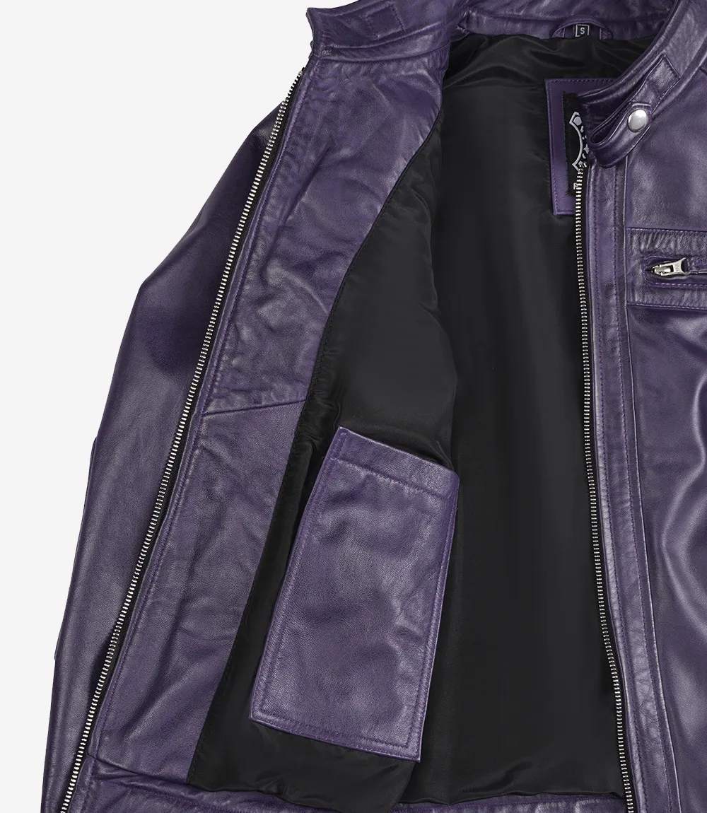 Women's Real Leather Biker Style Purple Jacket - Quilted Shoulder - Image 3