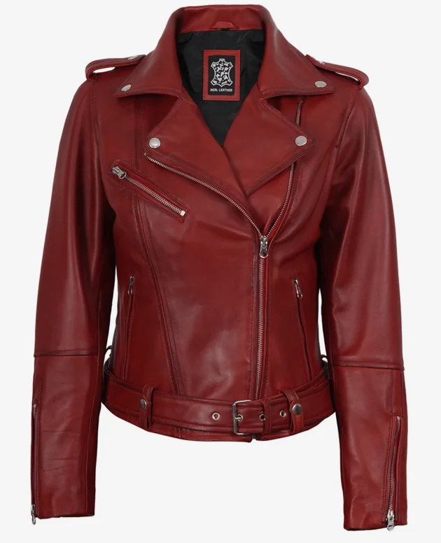 Women's Real Leather Belted Biker Style Jacket