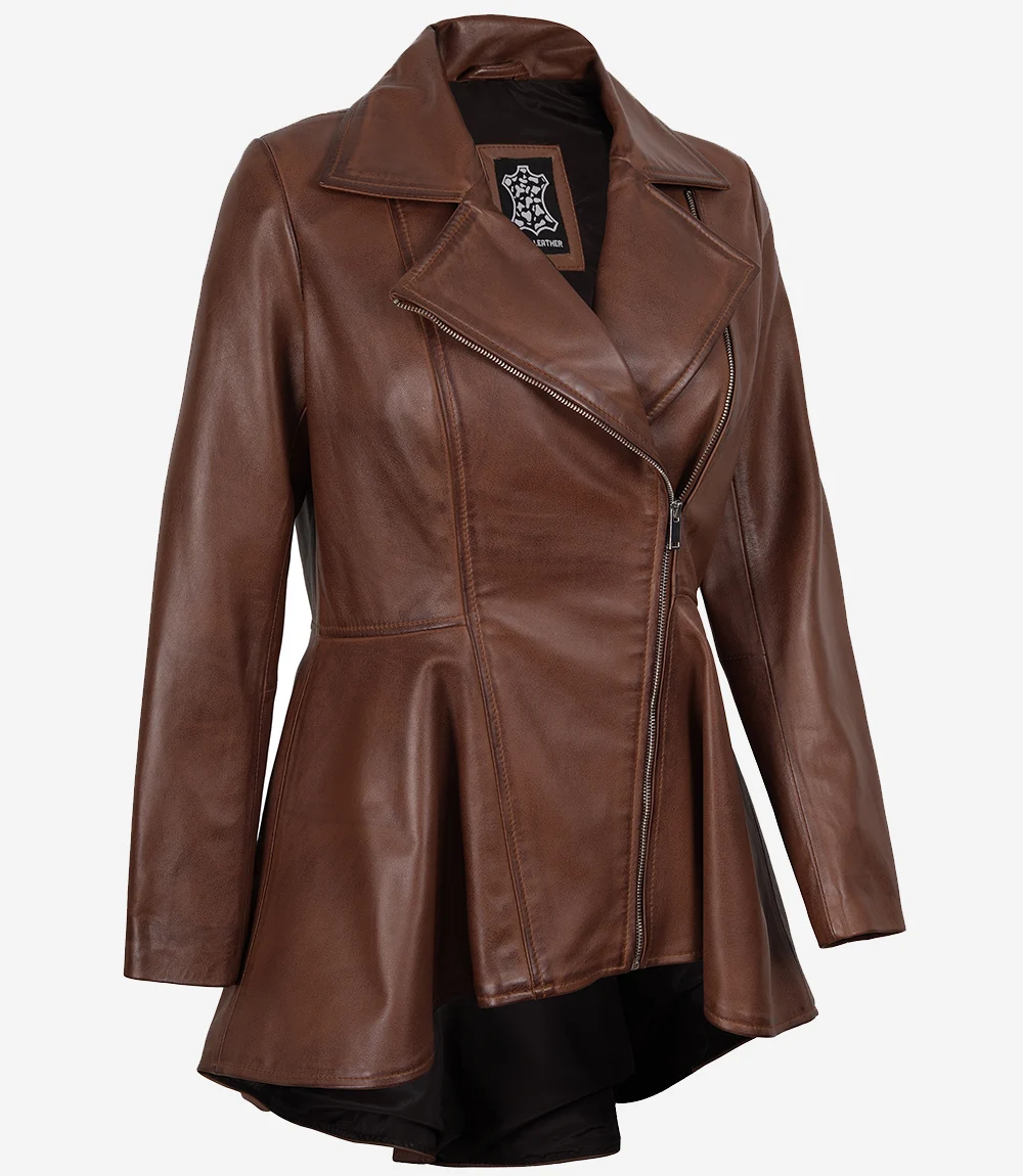 Womens Real Leather Cognac Peplum Jacket - Image 3