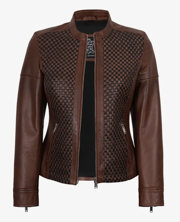 Womens Biker Style Cognac Textured Leather Jacket