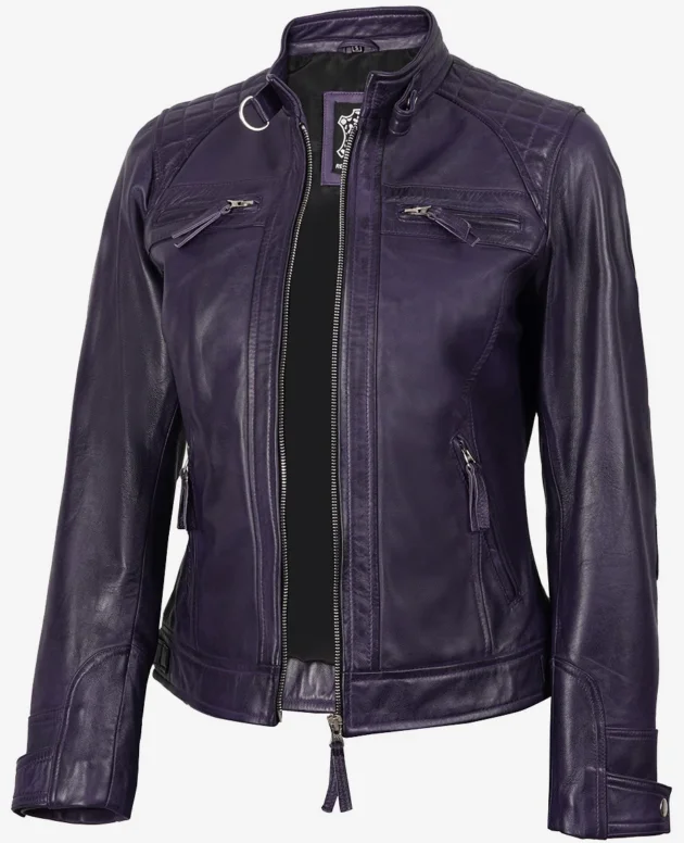 Women's Real Leather Biker Style Purple Jacket - Quilted Shoulder