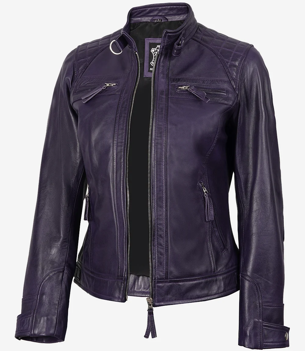 Women's Real Leather Biker Style Purple Jacket - Quilted Shoulder
