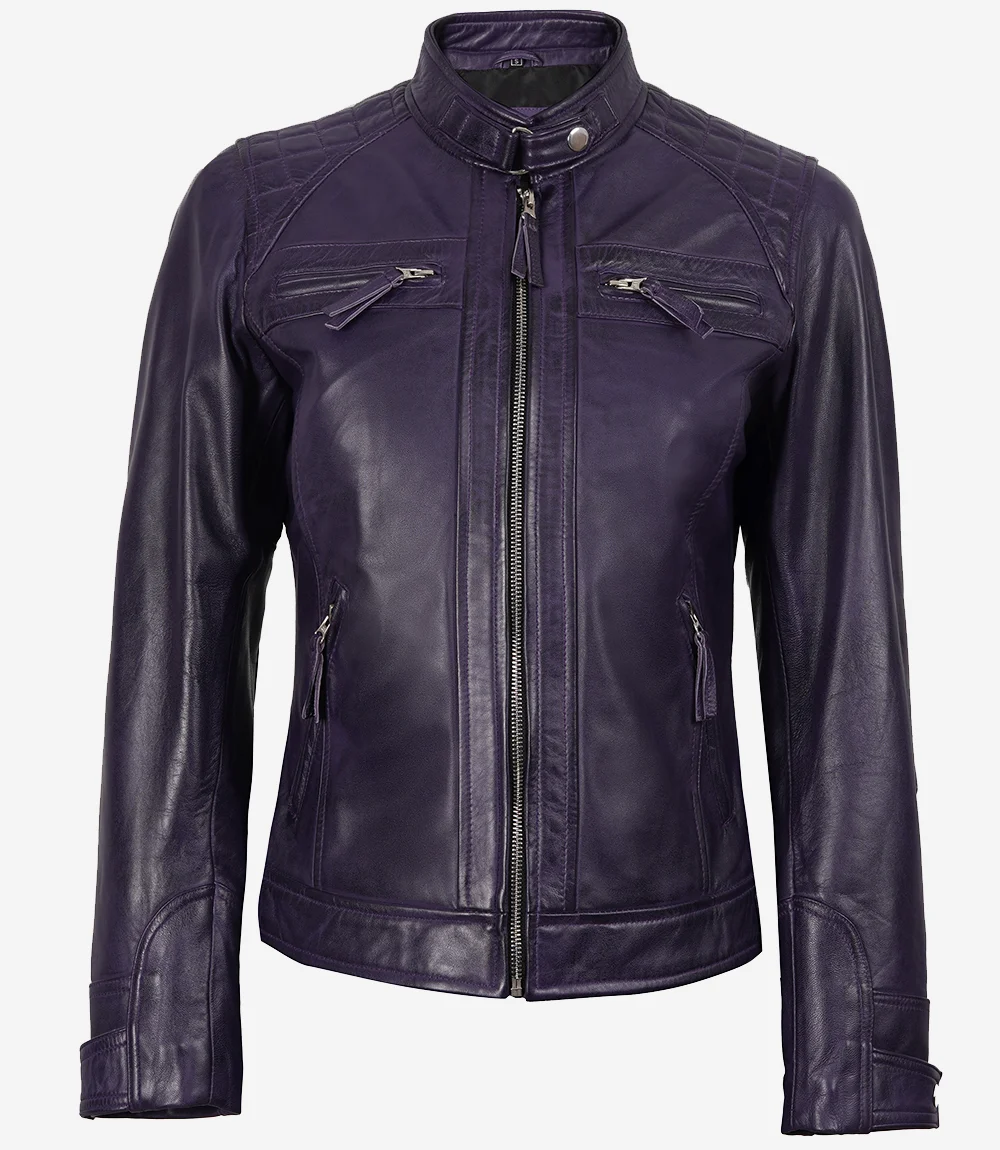 Women's Real Leather Biker Style Purple Jacket - Quilted Shoulder - Image 2