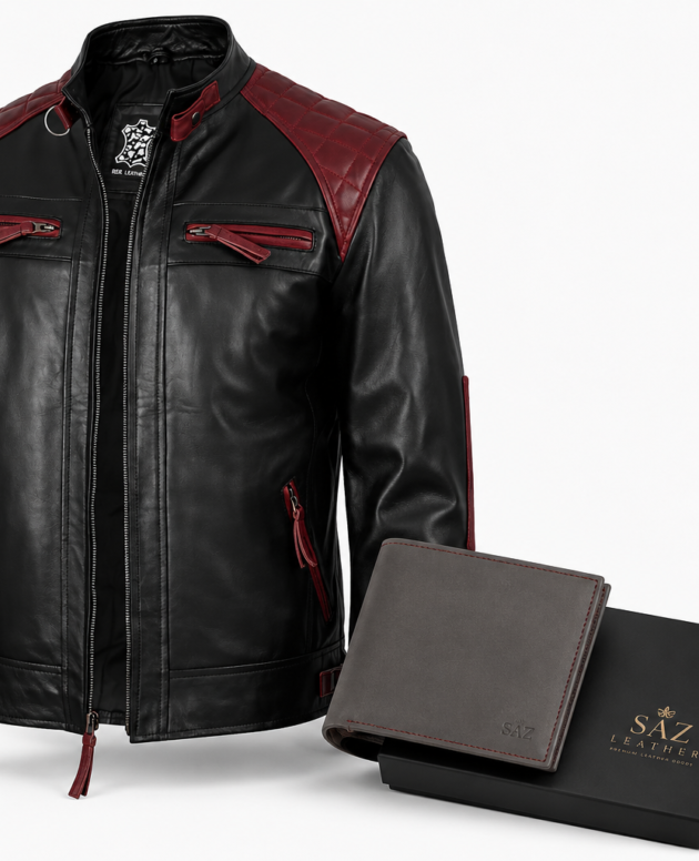 Men's Black and Maroon Biker Style Leather Jacket - Quilted Shoulder