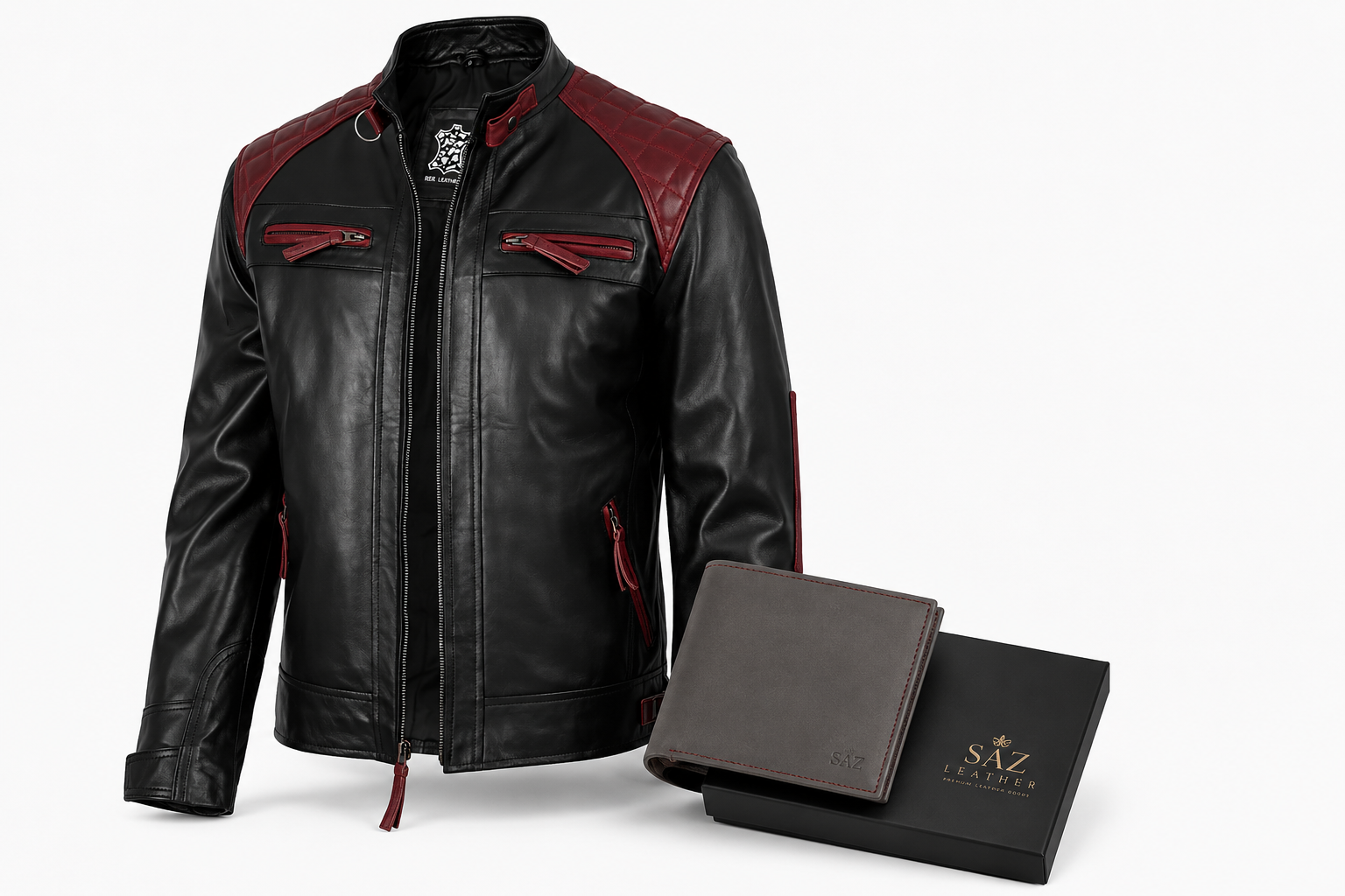 Men's Black and Maroon Biker Style Leather Jacket - Quilted Shoulder