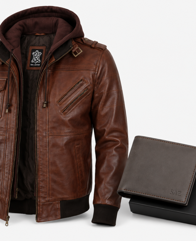 Mens Real Leather Cognac Bomber Jacket With Removable Hood