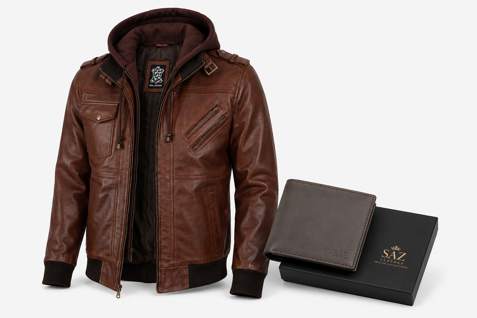Mens Real Leather Cognac Bomber Jacket With Removable Hood