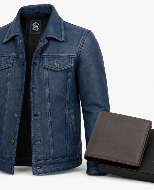 Men’s Washed Blue Trucker Leather Jacket – Denim Style