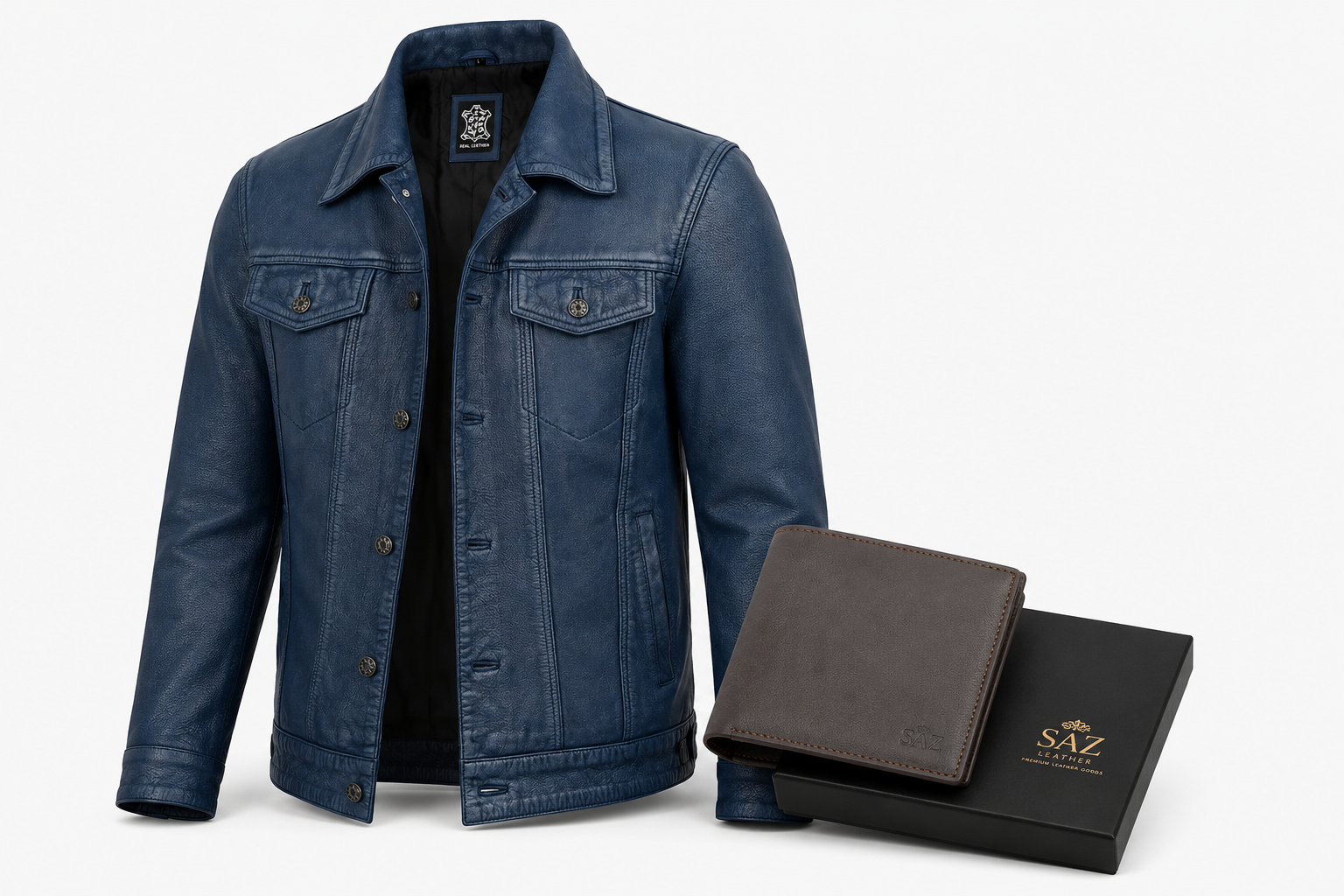 Men’s Washed Blue Trucker Leather Jacket – Denim Style