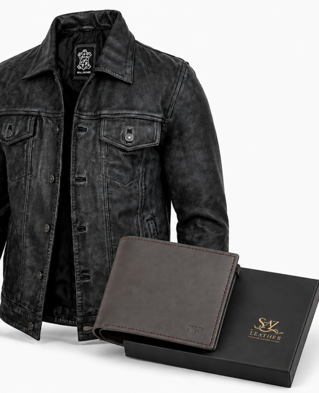 Men's Black Washed Leather Trucker Jacket