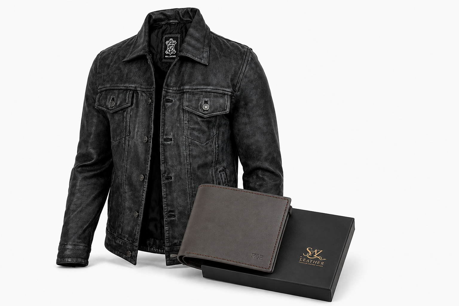 Men's Black Washed Leather Trucker Jacket