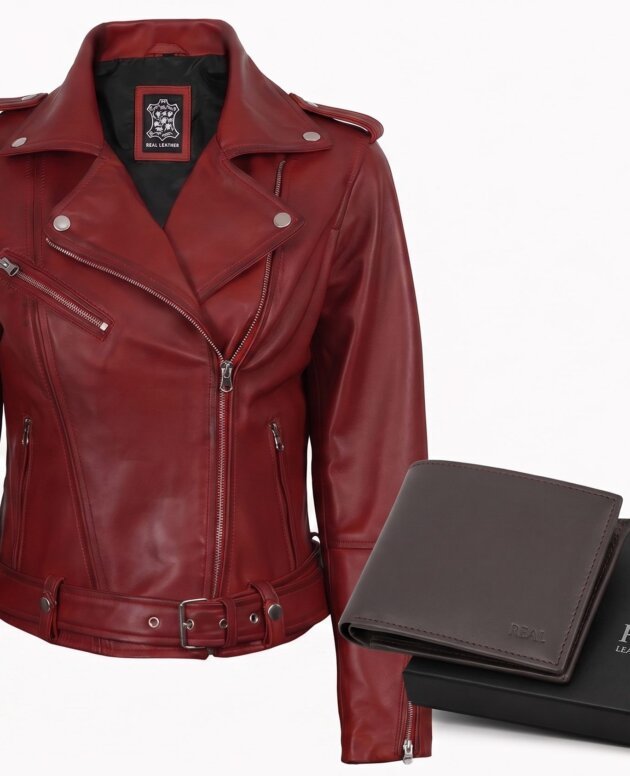 Women’s Real Leather Belted Biker Style Jacket